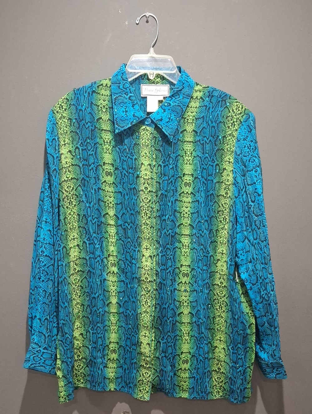Diane Gilman Blue & Green Snake-Print Silk Blouse